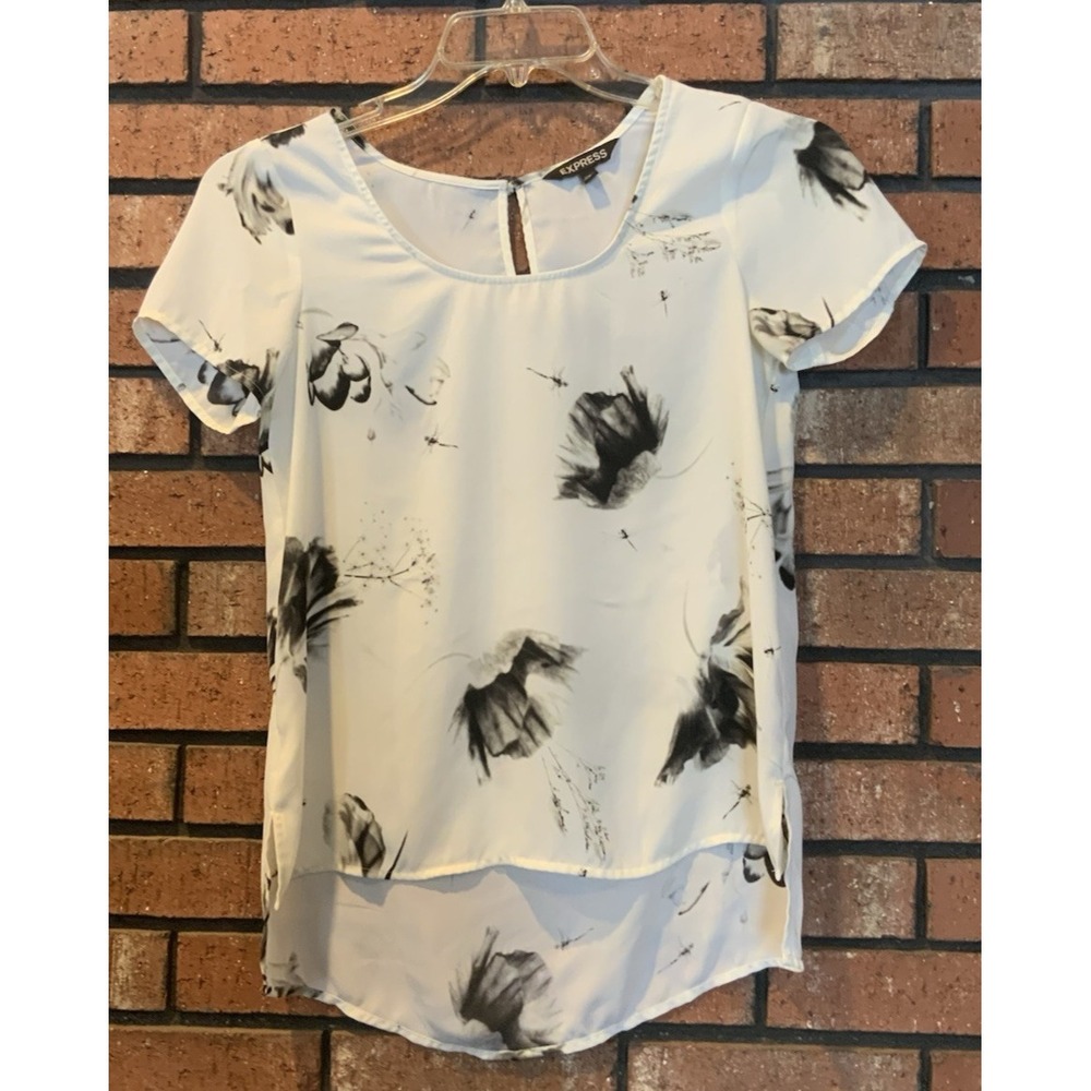 Express‎ Womens White Floral Short Sleeve Blouse Sheer Top Size XS